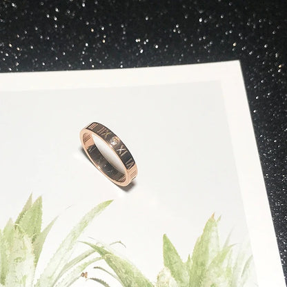 Rose Gold Roman Numeral Couple Ring Zircon Titanium Steel