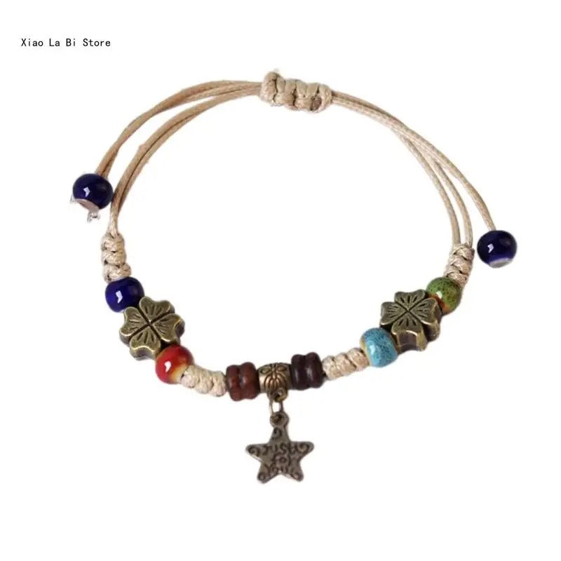 Boho Ceramic Beaded Bracelet Handwoven String Wrist Accessory