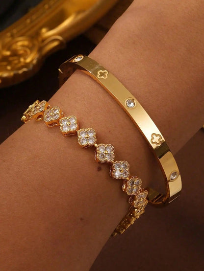 Women's Lucky Clover Bracelet Shining Zircon Stainless Steel Gift