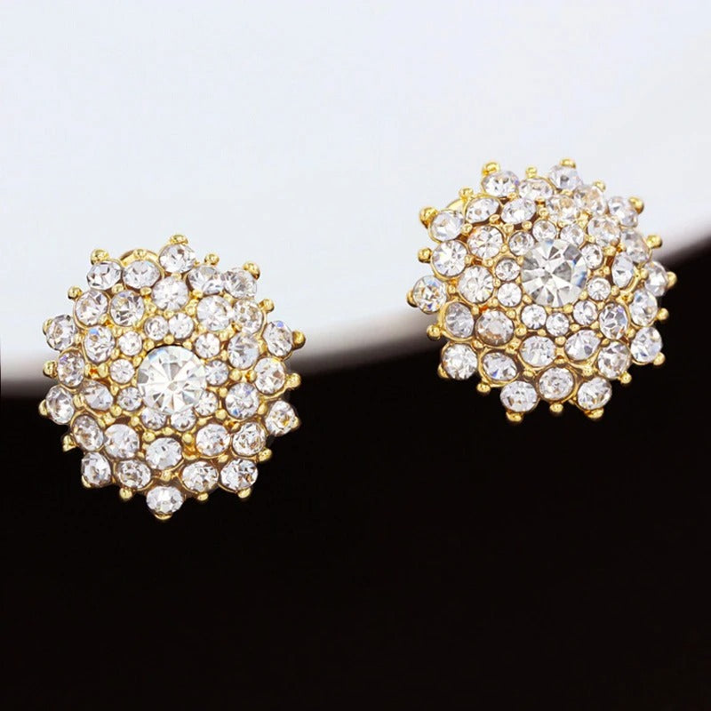 Luxury Gold Rhinestone Clip On Earrings Flower Wedding Jewelry