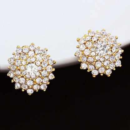 Luxury Gold Rhinestone Clip On Earrings Flower Wedding Jewelry
