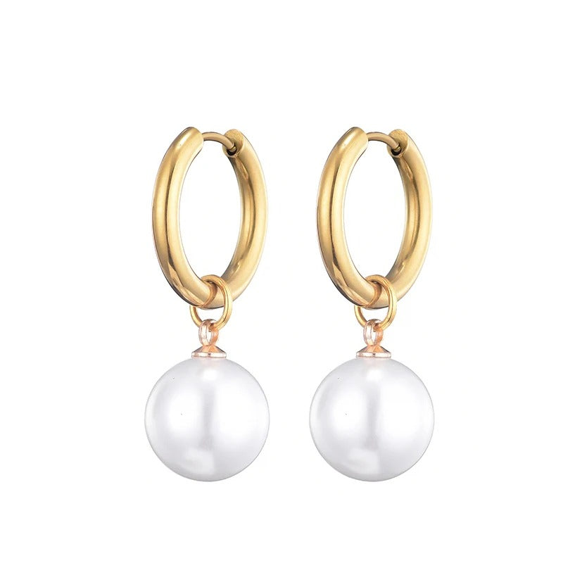 Women Round White Pearl Hoop Earrings Elegant Drop Dangle Jewelry