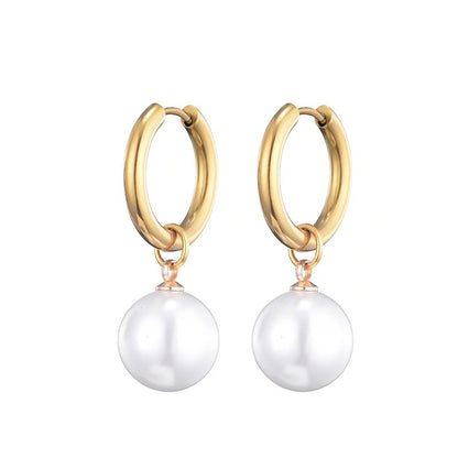 Women Round White Pearl Hoop Earrings Elegant Drop Dangle Jewelry