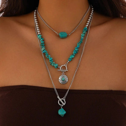 3Pcs Vintage Blue Natural Stone Beads Choker Necklaces for Women Bohemia Geometry Pendant Necklace Trendy Neck Jewelry