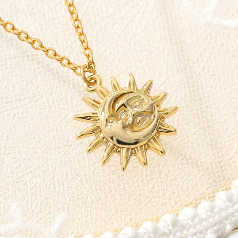 Vintage Sun Moon Pendant Necklace For Women Gold Color Stainless Steel Chain Necklaces Celestial Aesthetic Jewelry