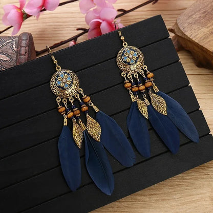 Antique Alloy Feather Tassel Earrings Wood Bead Leaf Jewelry for Women