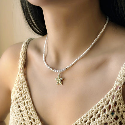 Handmade Starfish Pendant Necklace Rice Beads Pearl Choker for Women