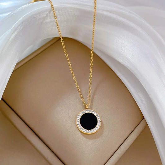 316L Stainless Steel Round Black Stone Pendant Necklace For Women Girl New Fashion Clavicle Chain Jewelry Gift Party