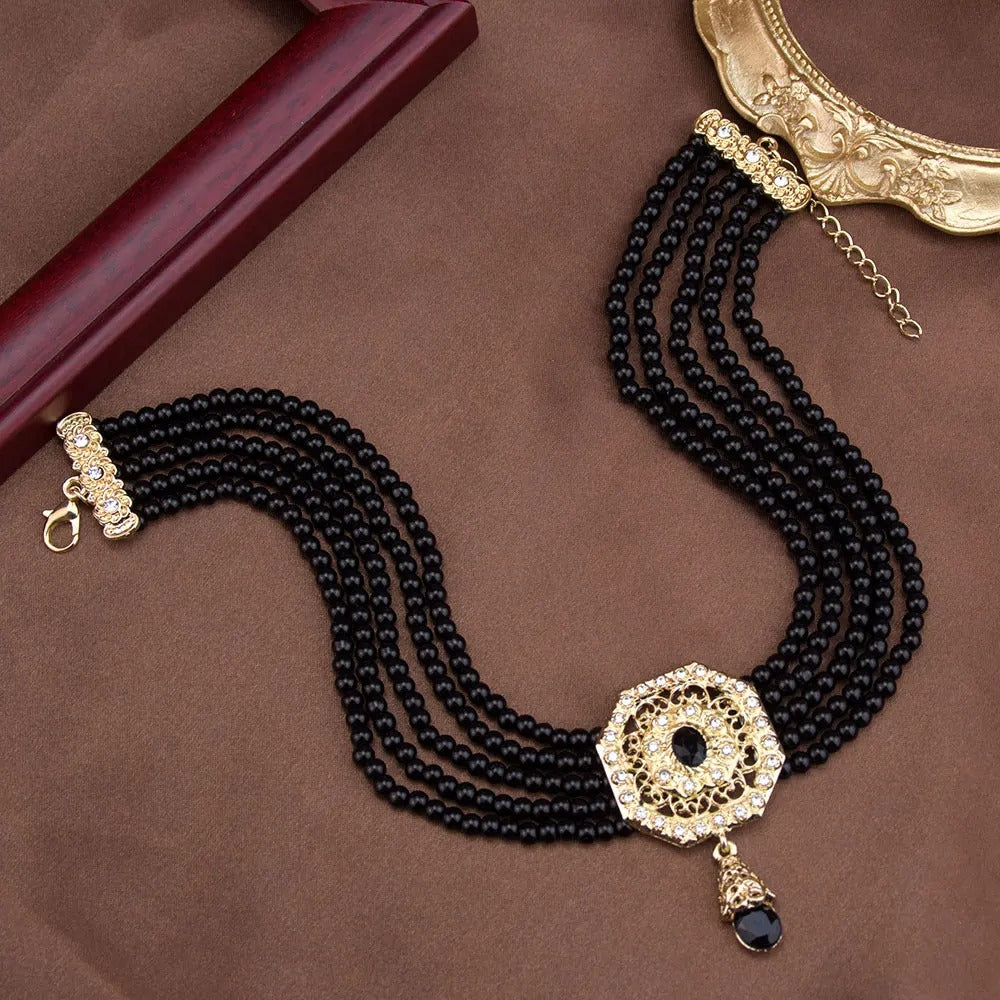 Sunspicems Chic Morocco Jewelry Bead Chain Choker Necklace For Women Gold Color Square Mesh Pendnat Arabic Bridal Wedding Bijoux