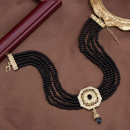 Sunspicems Chic Morocco Jewelry Bead Chain Choker Necklace For Women Gold Color Square Mesh Pendnat Arabic Bridal Wedding Bijoux
