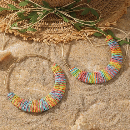 Exaggerated Multicolor Big Hoop Earrings Handmade Rattan Circle