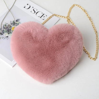 Soft Fluffy Heart Handbag Women’s Plush Shoulder Purse with Chain