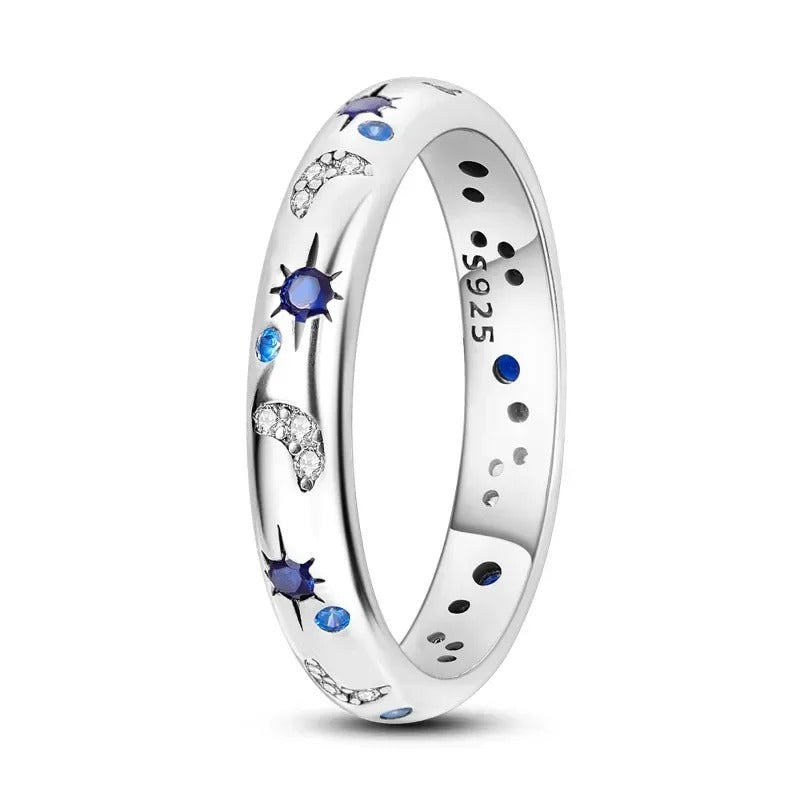 New Celestial Blue Sparkling Moon Sun Star Crystal Ring for Women Fashion Elegant Stackable Finger Band Party Jewelry Gifts