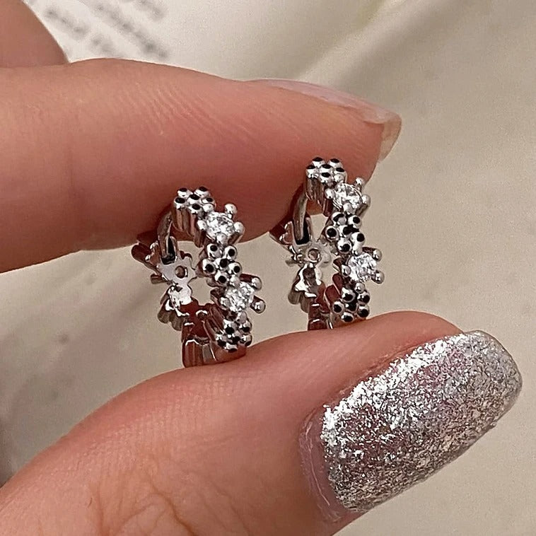 Women’s Silver Zircon Flower Round Hoop Earrings Cute Fine Jewelry