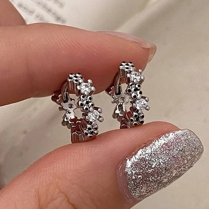Women’s Silver Zircon Flower Round Hoop Earrings Cute Fine Jewelry