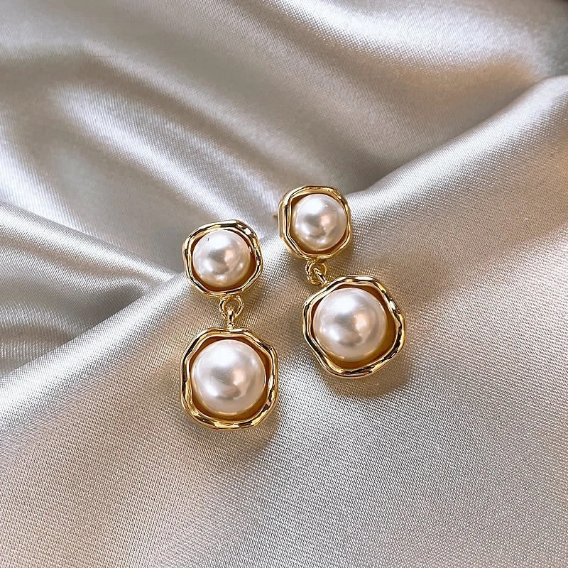 Retro Pearl Geometric Pendant Earrings for Women Korean Fashion Jewelry