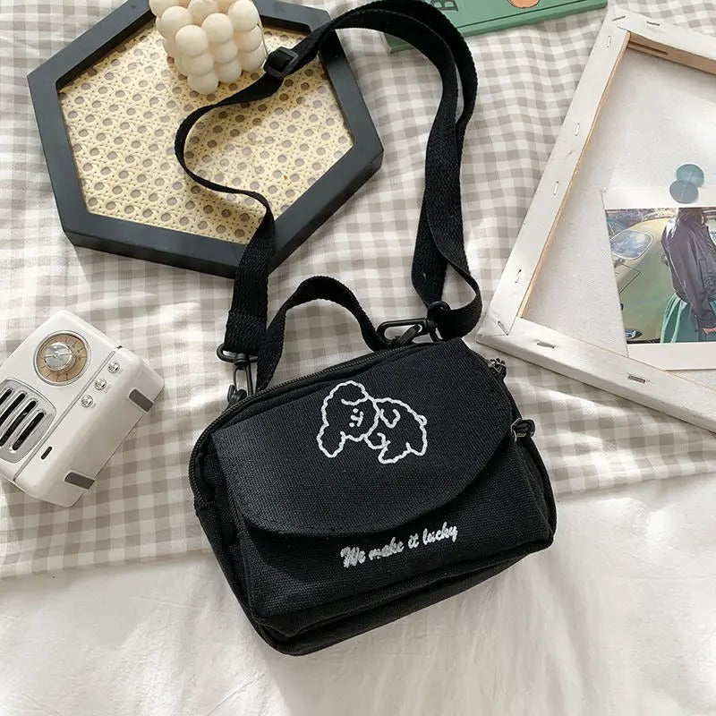 Cute Canvas Messenger Bag for Teen Girls Small Square Shoulder Bag with Cartoon Print