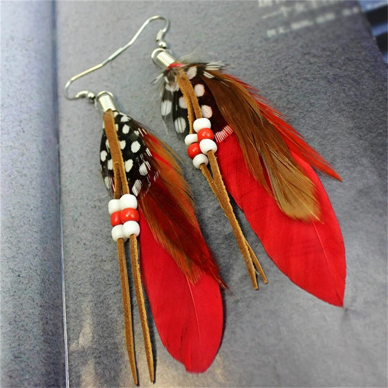 Colorful Feather Tassel Earrings 1 Pair Leather Beads Jewelry