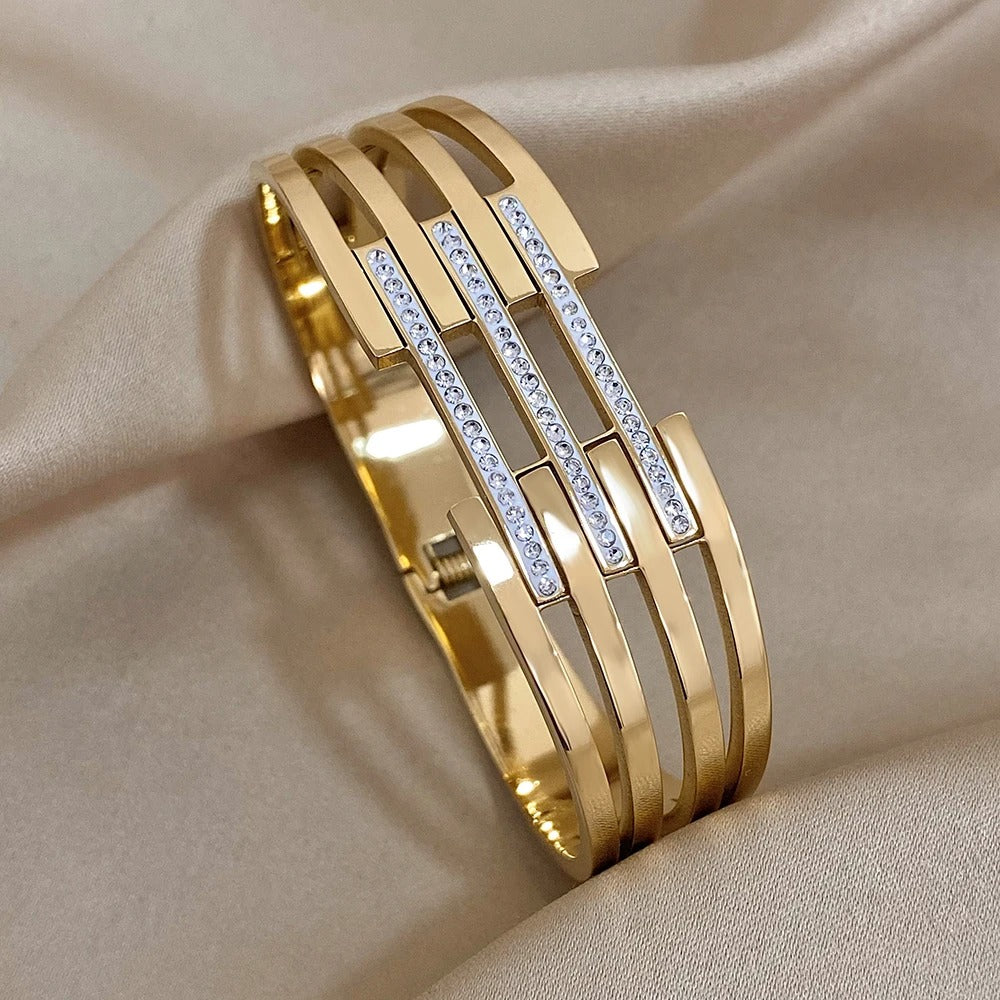 Chunky Inlaid Rhinestone Stainless Steel Bangles Bracelets for Women Gold Plated Metal Wide Bracelet Waterproof Jewelry
