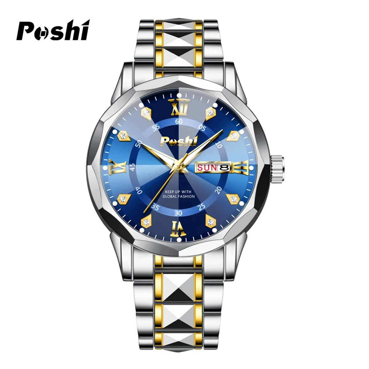 Men’s Date & Week Quartz Watch POSHI Luminous Waterproof Watch