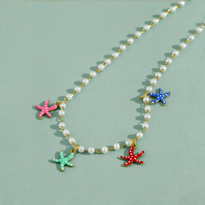 Boho Starfish Pendant Pearl Necklace Women Coastal Gift