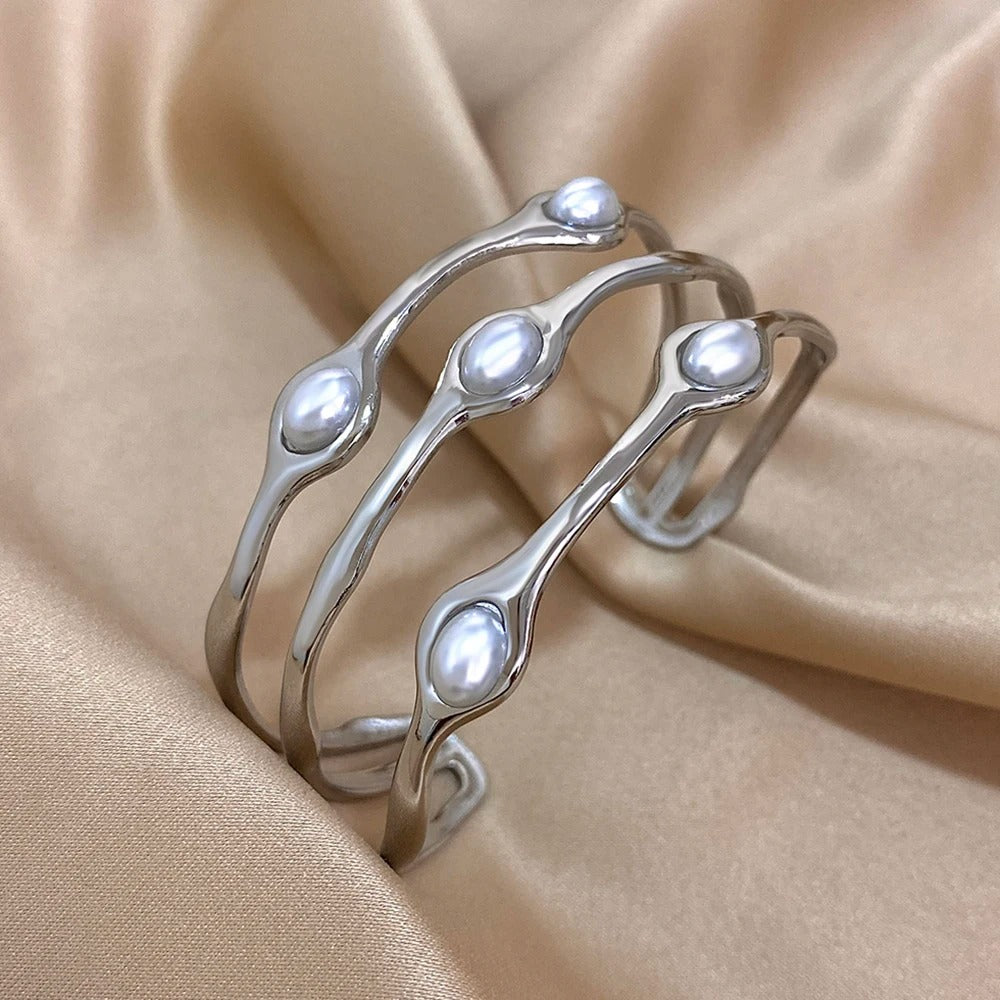 Vintage Layered Pearl Bangles Gold Plated Stainless Steel Cuff
