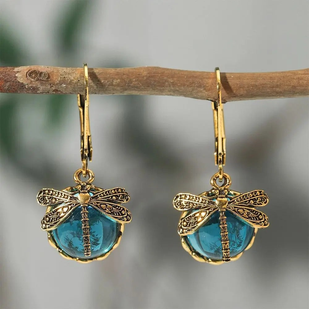 Dragonfly Pendant Drop Earrings with Moonstone for Women