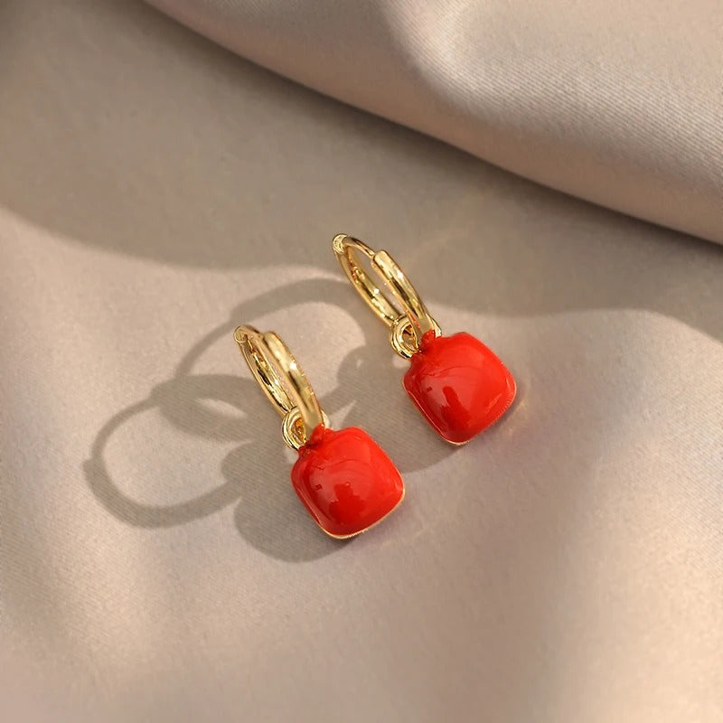 French Vintage Enamel Square Pendant Earrings for Women Elegant Jewelry