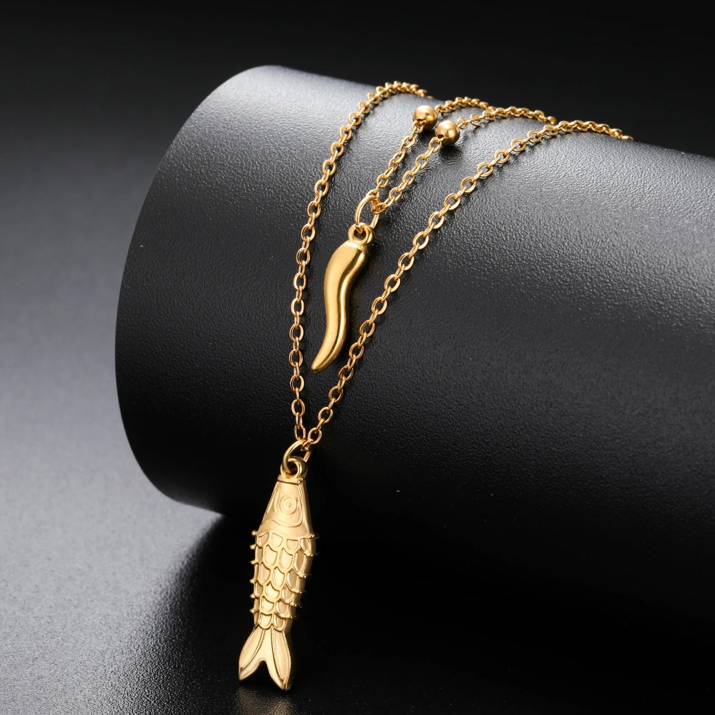 Stainless Steel Gold Silver Fish Pendant Layered Necklace