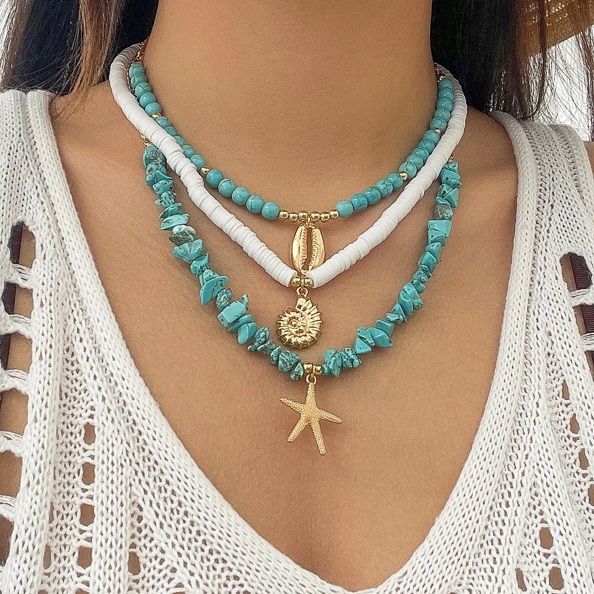 Retro Gold Color Metal Starfish Shell Conch Pendant Necklace Women 2025 Multi Layer Sweet Green Turquoise Girl Beach Jewelry