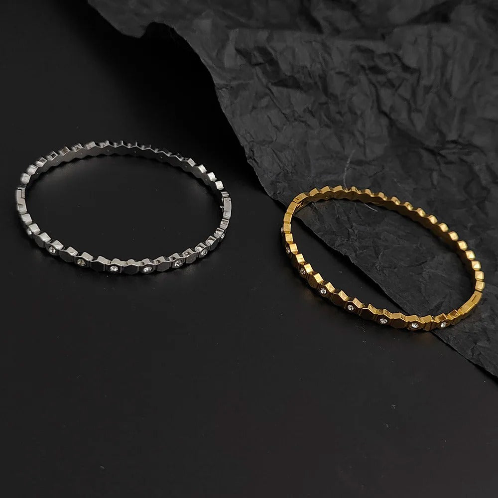 New Gold Plated Stainless Steel Zircon Hexagon Bracelet for Women, Wedding Party Jewelry