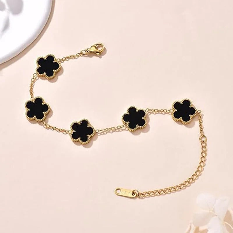 Lucky Clover Double-Sided Flower Bracelet – Gold-Plated Stainless Steel Jewelry for Women