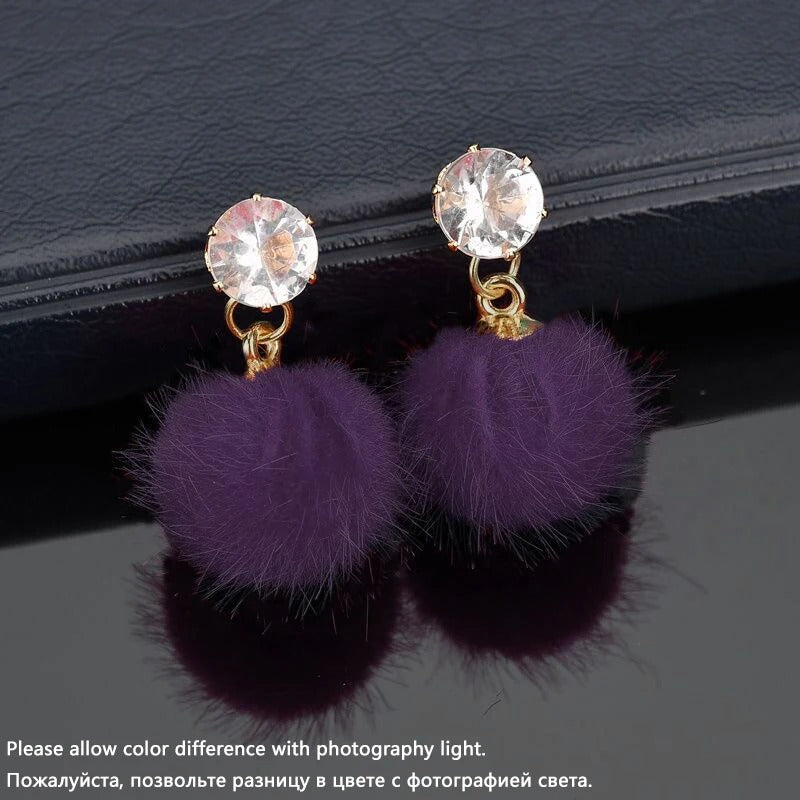 Boho Small Fluffy Ball Earrings Women’s Crystal Dangle Jewelry