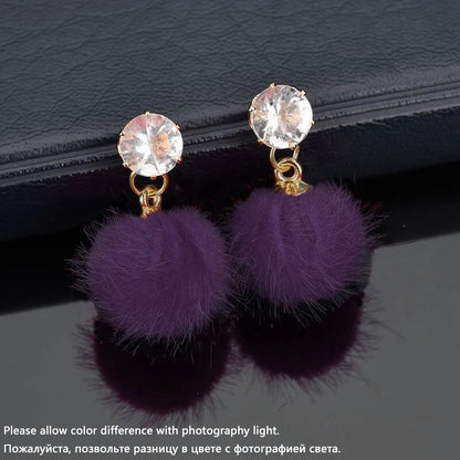 Boho Small Fluffy Ball Earrings Women’s Crystal Dangle Jewelry