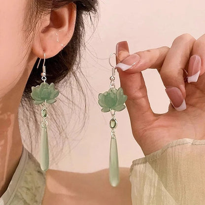 1Pair Chinese Style Lotus Pendant Tassel Earrings For Women Girls Classic Retro Elegant Long Drop Earrings Jewelry Gifts
