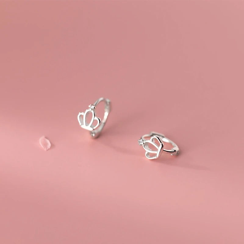 Sterling Silver Princess Crown Hoop Earrings Women Teen Jewelry