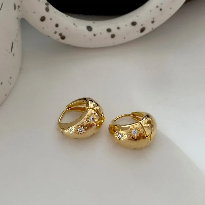 Stainless Steel Smooth Star Zircon Hoop Earrings for Women Girls Metal Chunky Sun Rhinestone Ear Elegant Jewelry