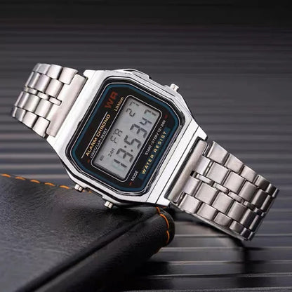 Luxury Gold & Silver Retro LED Digital Watch – Unisex Sports Military Wristwatch with Steel Band