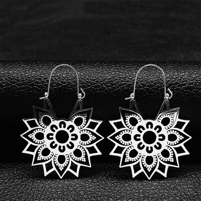 Women Gold Lotus Flower Hoop Earrings Yoga Stainless Steel Jewelry