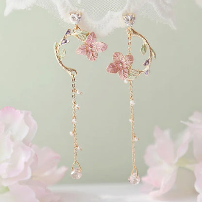 2025 New Korean Style Flower Dangle Earrings for Women Shiny Rhinestone Long Tassel Cute Cat Earring Sweet Jewelry