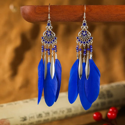 Ethnic Style Long Drop Crystal Beads Feather Earrings Women