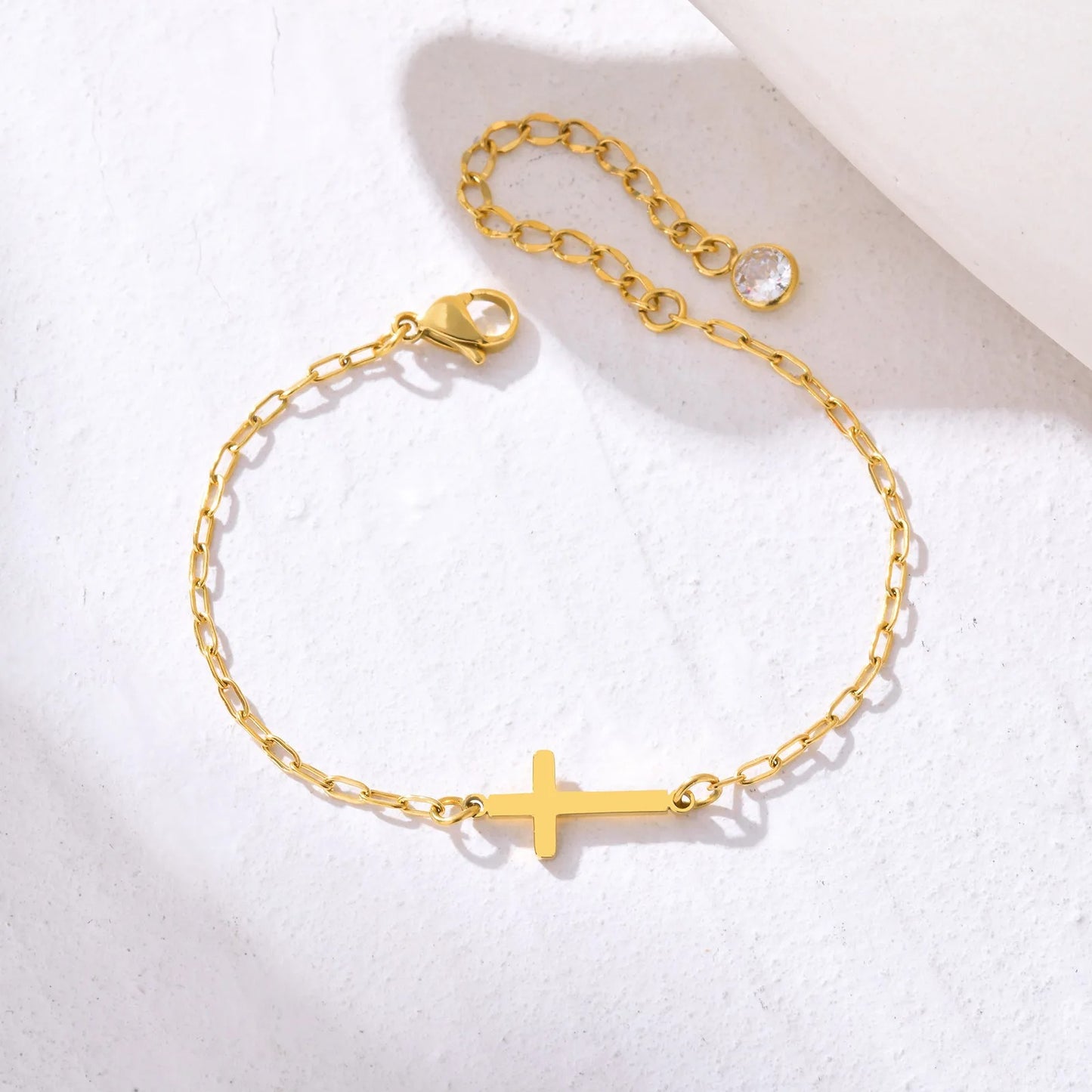 Stainless Steel CZ Cross Bracelet Small Square Chain Women