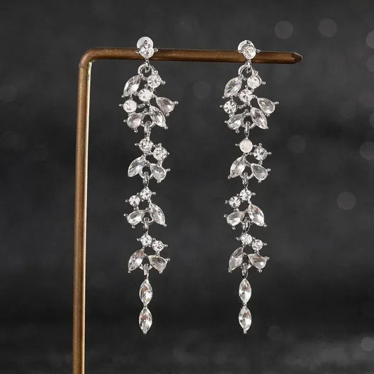 Long Tassel Dangle Earrings Women Rhinestone Geometric Leaf