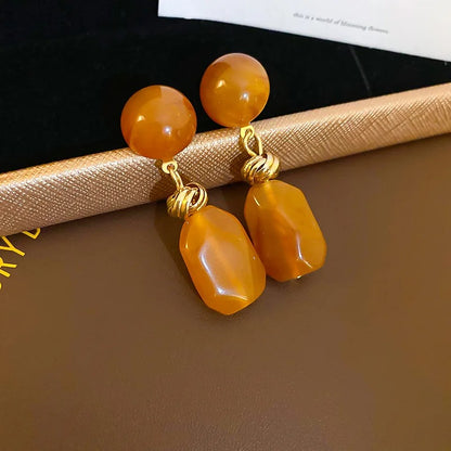 Geometric Water Drop Resin Dangle Earrings for Women  Retro Brown