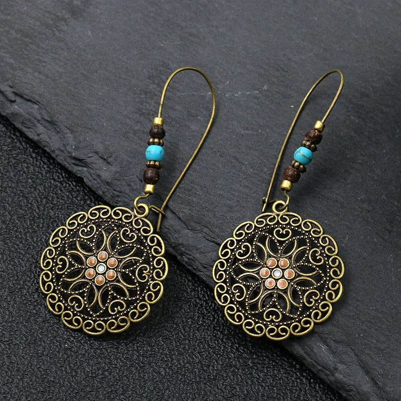 Ethnic Vintage Big Ear Hook Drop Earrings For Women Geometric Leaf Wing Flower Hollow Round Boho Earrings Antique Jewelry