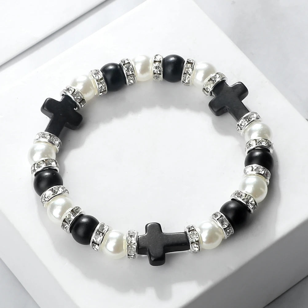 Natural Stone Rosary Cross Bracelet Crystal Pearl Beads Jewelry