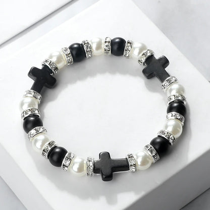 Natural Stone Rosary Cross Bracelet Crystal Pearl Beads Jewelry
