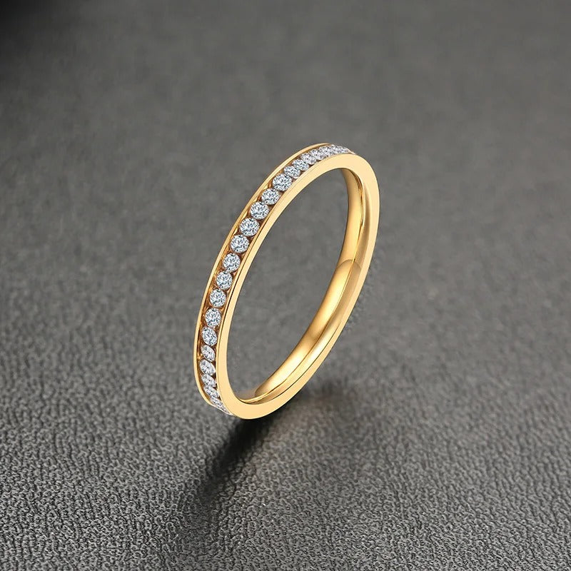 CZ Stones Ring for Women Lady Gold Color Stainless Steel Shinny Crystal Finger Band Elegant Jewelry