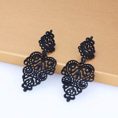 Hollow Carved Flower Drop Earrings for Women Black Gold Statement Jewelry