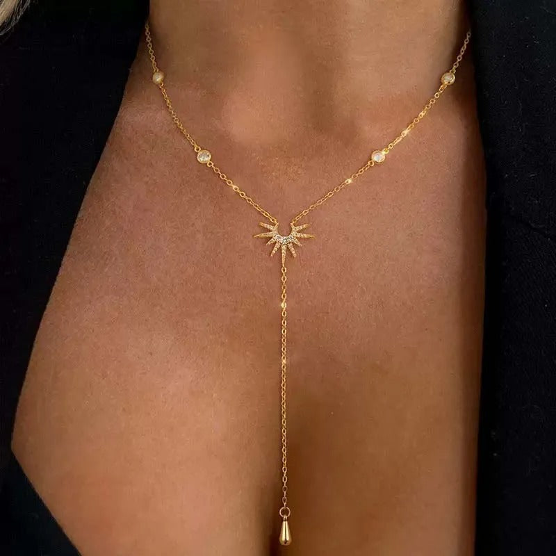 Gold Y-Shaped Sun Pendant Necklace Zircon Tassel
